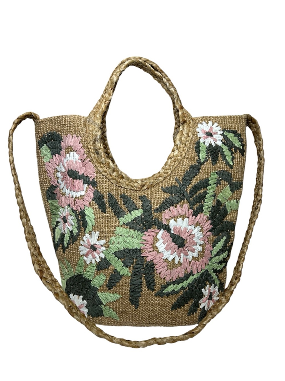 Handwoven Jute Raffia Braided Floral Tropical Beach Festival Casual Tote Bag